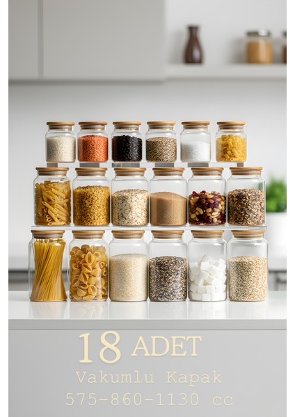 18'li Cam Kavanoz Seti 575- 860- 1130 cc – Vakumlu Bambu Kavanoz