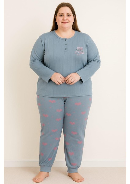Kadın Büyük Beden 0242 Raporlu Pijama Takımı Indigo