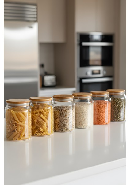 6’lı Vakumlu Cam Saklama Kabı Seti – 860 cc Bambu Kapaklı modelleri