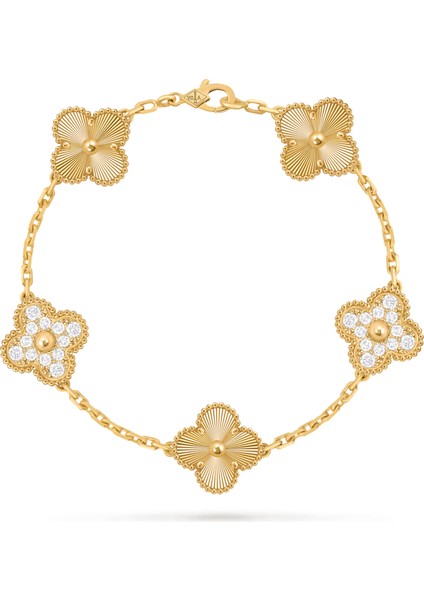 Van Cleef & Arpels Vintage Alhambra Bilezik, 5 Motif Yonca 925 Ayar Sarı Gümüş, Zirkontaş