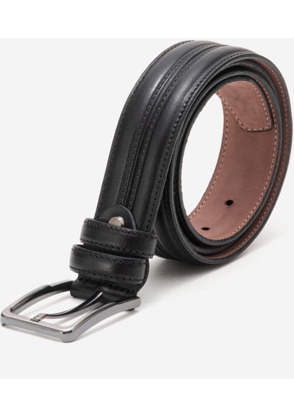 Hakiki Deri 3.5 cm Dikişli Erkek Klasik Kemer 517 Siyah