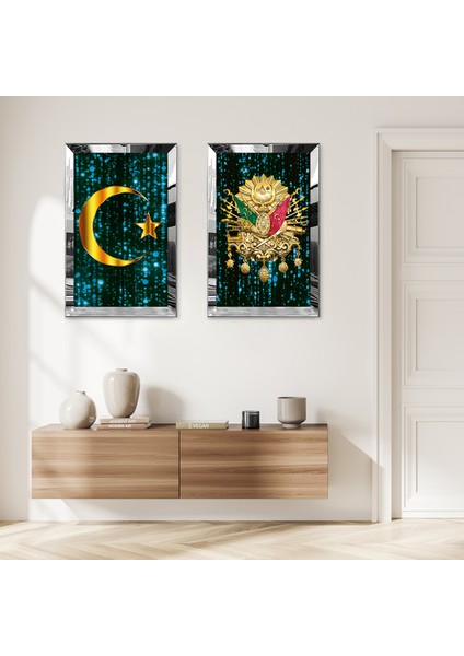 Gümüş Aynalı Pleksi Çerçeveli Siyah Osmanlı Tuğrası ve Ay Yıldız Ikili Mdf Tablo Seti