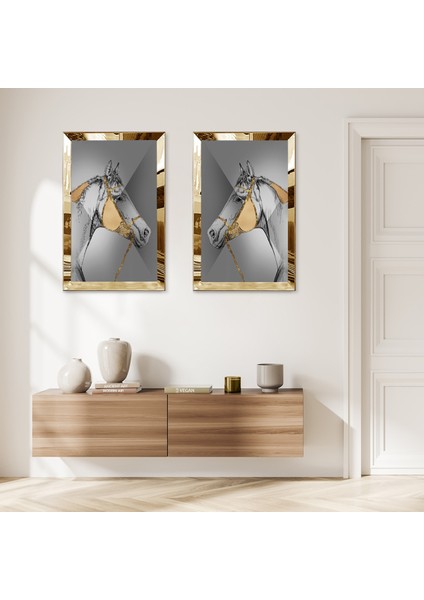 Gold Aynalı Pleksi Çerçeveli Gri Arka Planlı Gold Desenli At Ikili Mdf Tablo Seti