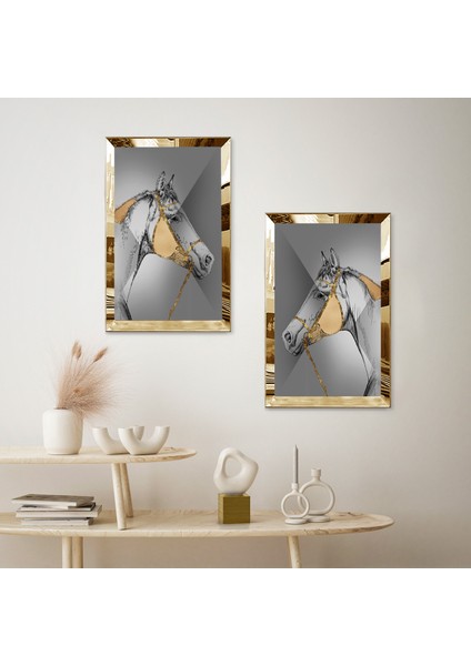 Gold Aynalı Pleksi Çerçeveli Gri Arka Planlı Gold Desenli At Ikili Mdf Tablo Seti fiyatları