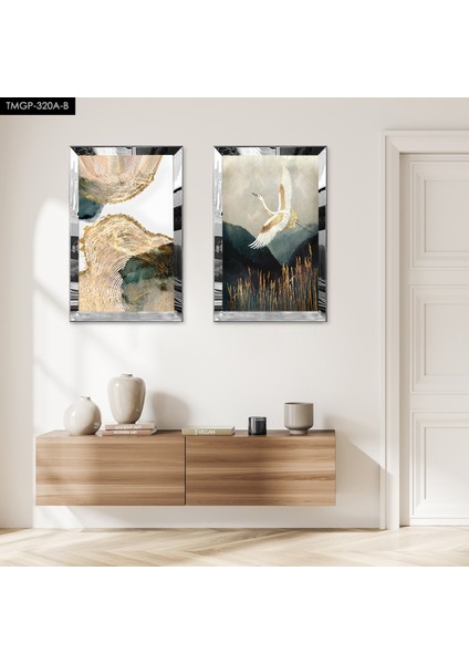Gümüş Aynalı Pleksi Çerçeveli Uçan Kuş Modern Dekoratif Ikili Mdf Tablo Seti
