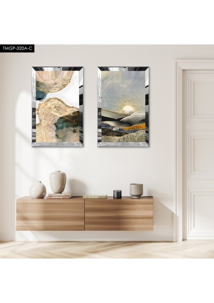 Gümüş Aynalı Pleksi Çerçeveli Soyut Dağ Desenli Ikili Mdf Tablo Seti