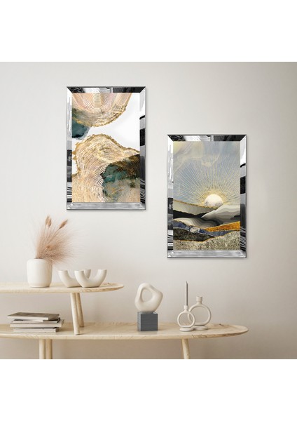 Gümüş Aynalı Pleksi Çerçeveli Soyut Dağ Desenli Ikili Mdf Tablo Seti fiyatları