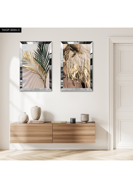 Gümüş Aynalı Pleksi Çerçeveli Modern Btikiler Dekoratif Ikili Mdf Tablo Seti