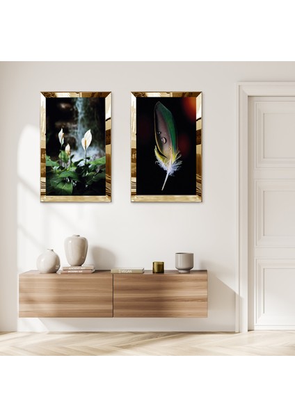 Gold Aynalı Pleksi Çerçeveli Modern Bitkiler Ikili Mdf Tablo Seti