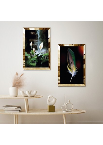 Gold Aynalı Pleksi Çerçeveli Modern Bitkiler Ikili Mdf Tablo Seti fiyatları