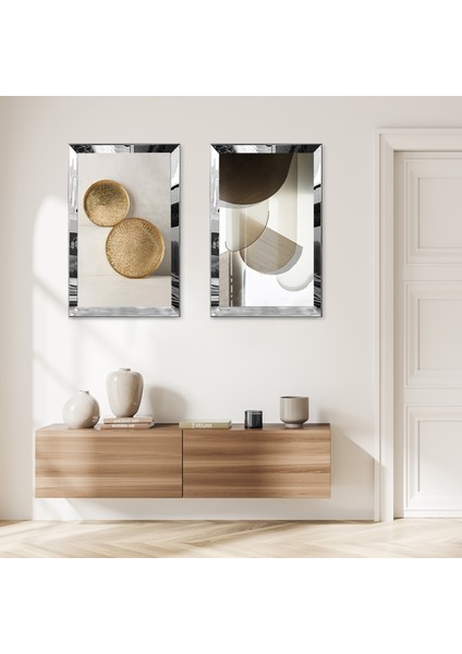 Gümüş Aynalı Pleksi Çerçeveli Krem Rengi Soyut Şekiller Ikili Mdf Tablo Seti