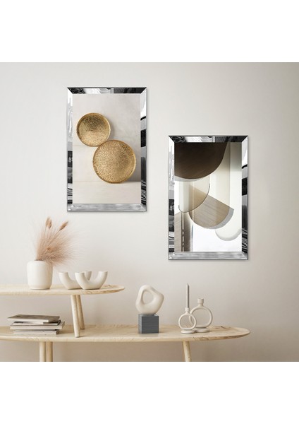 Gümüş Aynalı Pleksi Çerçeveli Krem Rengi Soyut Şekiller Ikili Mdf Tablo Seti fiyatları