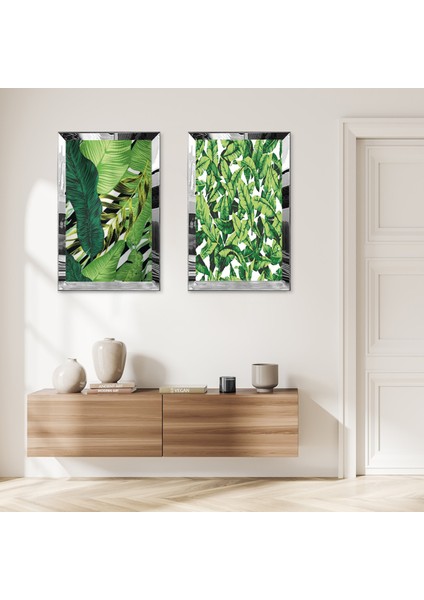 Gümüş Aynalı Pleksi Çerçeveli Yeşil Bitkiler ve Yapraklar Ikili Mdf Tablo Seti