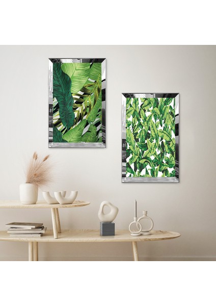 Gümüş Aynalı Pleksi Çerçeveli Yeşil Bitkiler ve Yapraklar Ikili Mdf Tablo Seti fiyatları
