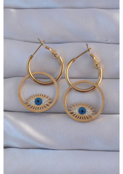 316L Çelik Gold Renk Zirkon Taşlı Mavi Göz Tasarımlı Halka Küpe