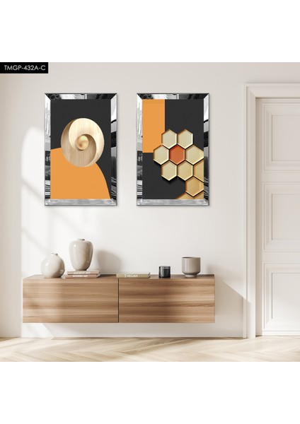 Gümüş Aynalı Pleksi Çerçeveli Renkli Altıgen Kenarlı Soyut Şekiller Ikili Mdf Tablo Seti