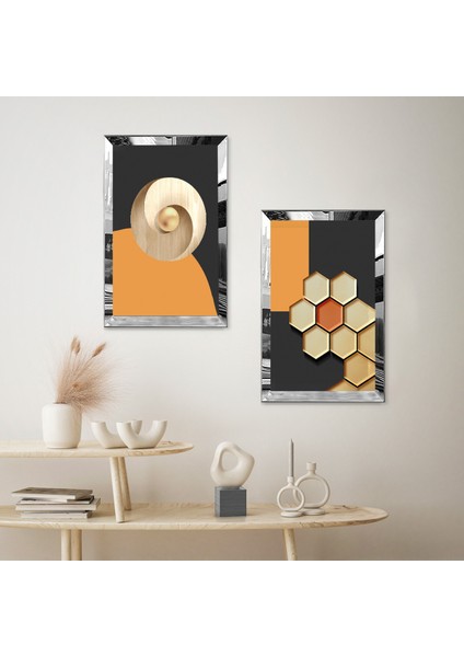 Gümüş Aynalı Pleksi Çerçeveli Renkli Altıgen Kenarlı Soyut Şekiller Ikili Mdf Tablo Seti fiyatları