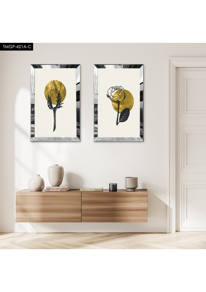 Gümüş Aynalı Pleksi Çerçeveli Beyaz Arka Planlı Soyut Modern Bitki Ikili Mdf Tablo Seti