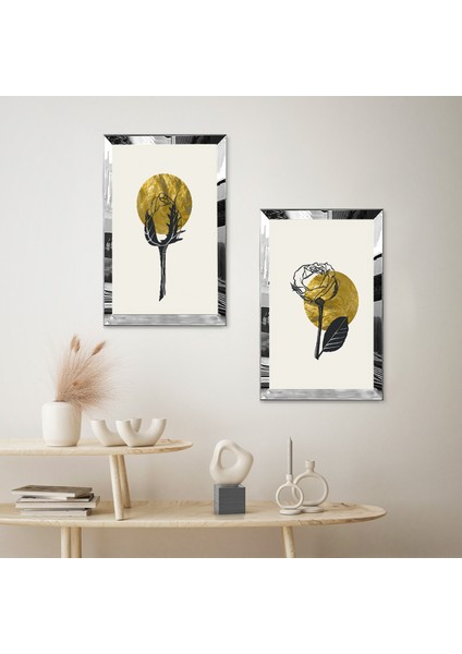 Gümüş Aynalı Pleksi Çerçeveli Beyaz Arka Planlı Soyut Modern Bitki Ikili Mdf Tablo Seti fiyatları