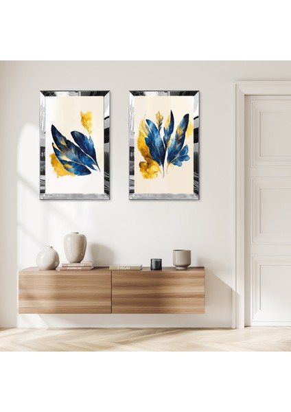 Gümüş Aynalı Pleksi Çerçeveli Beyaz Arka Planlı Mavi Sarı Yatay Yapraklar Ikili Mdf Tablo Seti