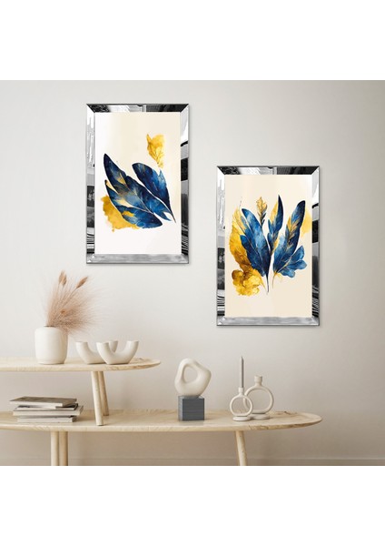 Gümüş Aynalı Pleksi Çerçeveli Beyaz Arka Planlı Mavi Sarı Yatay Yapraklar Ikili Mdf Tablo Seti fiyatları