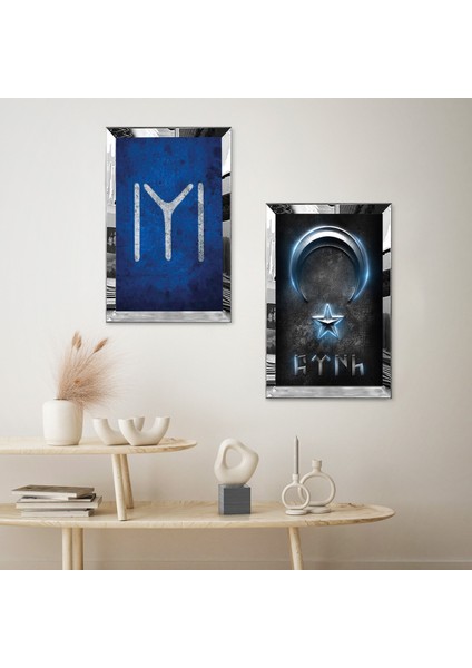 Gümüş Aynalı Pleksi Çerçeveli Mavi Kayıboyu ve Ay Yıldız Ikili Mdf Tablo Seti fiyatları