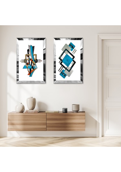 Gümüş Aynalı Pleksi Çerçeveli Beya Arka Planlı Mavi Soyut Desenler Dekoratif Ikili Mdf Tablo Seti
