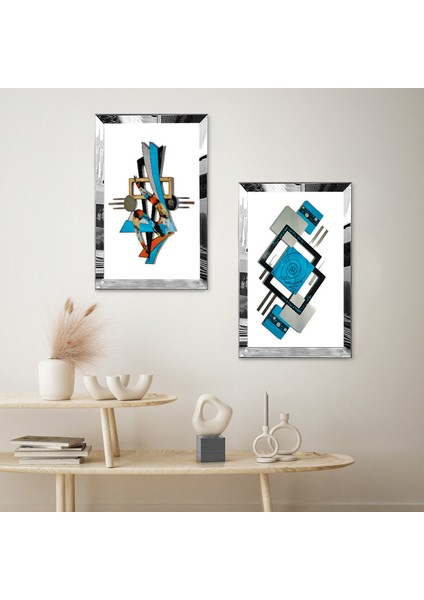 Gümüş Aynalı Pleksi Çerçeveli Beya Arka Planlı Mavi Soyut Desenler Dekoratif Ikili Mdf Tablo Seti fiyatları