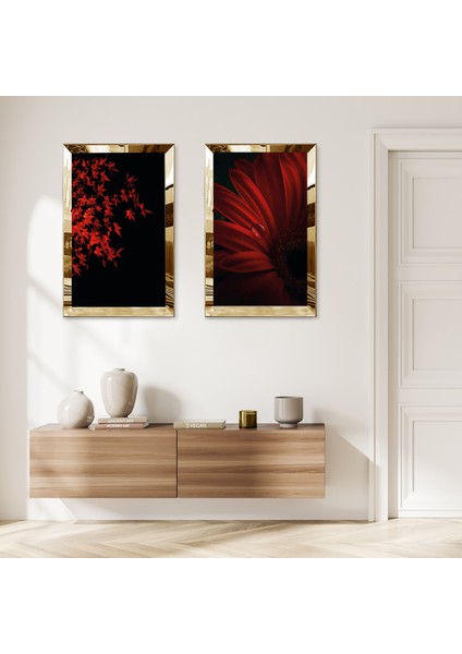 Gold Aynalı Pleksi Çerçeveli Siyah Arka Planlı Kırmızı Çiçekler Ikili Mdf Tablo Seti