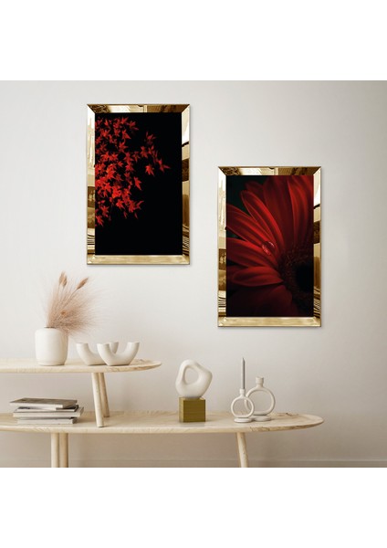 Gold Aynalı Pleksi Çerçeveli Siyah Arka Planlı Kırmızı Çiçekler Ikili Mdf Tablo Seti fiyatları
