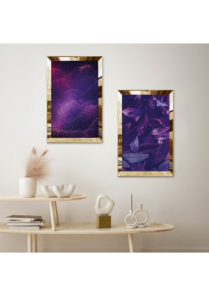 Gold Aynalı Pleksi Çerçeveli Mor Çiçekler Modern Ikili Mdf Tablo Seti fiyatları