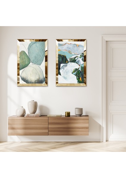 Gold Aynalı Pleksi Çerçeveli Soyut Renkli Kaya Desenkleri Dekoratif Ikili Mdf Tablo Seti