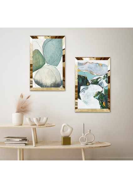 Gold Aynalı Pleksi Çerçeveli Soyut Renkli Kaya Desenkleri Dekoratif Ikili Mdf Tablo Seti fiyatları