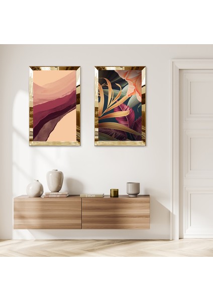 Gold Aynalı Pleksi Çerçeveli Renkli Yoğun Çiçekler Ikili Mdf Tablo Seti