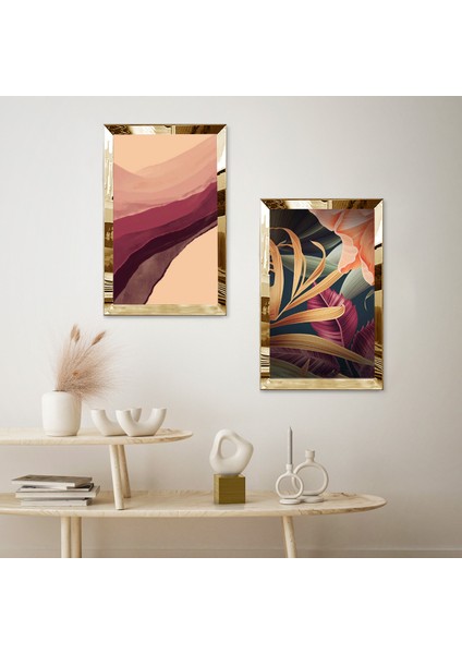 Gold Aynalı Pleksi Çerçeveli Renkli Yoğun Çiçekler Ikili Mdf Tablo Seti fiyatları