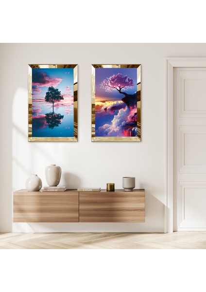Gold Aynalı Pleksi Çerçeveli Denizde Modern Ağaç Manzarası Ikili Mdf Tablo Seti