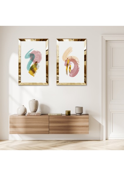 Gold Aynalı Pleksi Çerçeveli Beyaz Arka Planlı Renkli Fırça Izleri Modern Ikili Mdf Tablo Seti