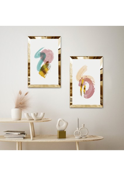 Gold Aynalı Pleksi Çerçeveli Beyaz Arka Planlı Renkli Fırça Izleri Modern Ikili Mdf Tablo Seti fiyatları
