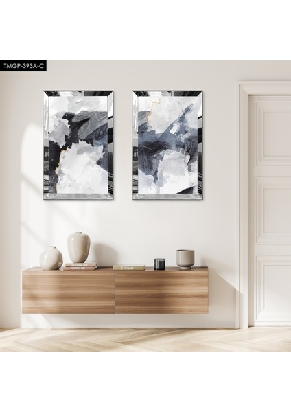 Gümüş Aynalı Pleksi Çerçeveli Dekoratif Soyut Çizim Ikili Mdf Tablo Seti