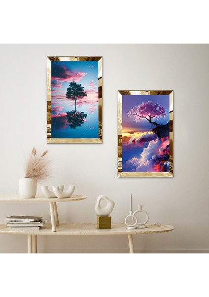 Gold Aynalı Pleksi Çerçeveli Denizde Modern Ağaç Manzarası Ikili Mdf Tablo Seti fiyatları