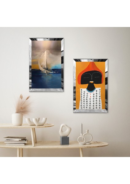 Gümüş Aynalı Pleksi Çerçeveli Denizde Kayık Modern Ikili Mdf Tablo Seti fiyatları