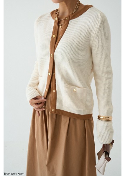 Kadın Düğmeli Krem Kahve Fitilli Hırka