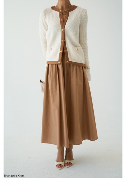 Kadın Düğmeli Krem Kahve Fitilli Hırka modelleri