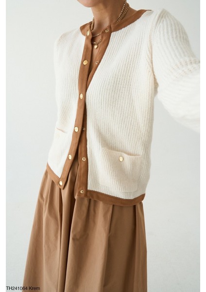 Kadın Düğmeli Krem Kahve Fitilli Hırka fırsatları