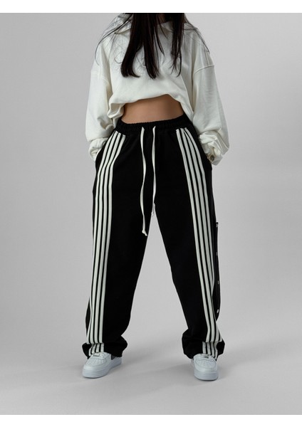 Kadın Şeritli Siyah Baggy Pantolon COC1078