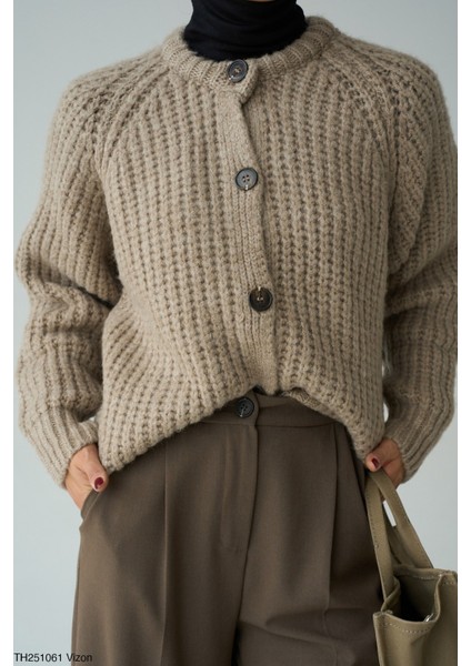 Kadın Bisiklet Yaka Fitilli Full Düğmeli Triko Hırka