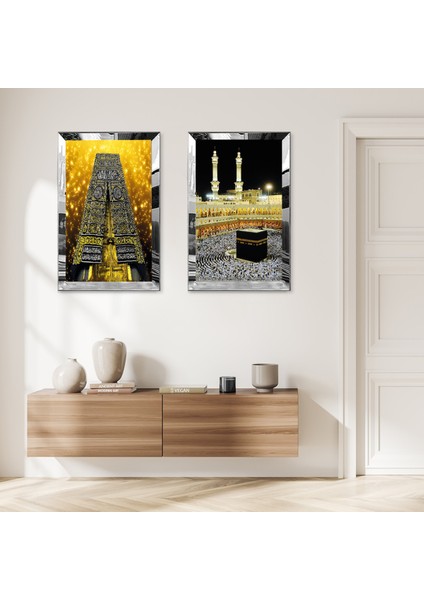 Gümüş Aynalı Pleksi Çerçeveli Altın Pırıltılı Arka Planlı Kabe Kapısı ve Kabe Ikili Mdf Tablo Seti