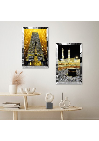 Gümüş Aynalı Pleksi Çerçeveli Altın Pırıltılı Arka Planlı Kabe Kapısı ve Kabe Ikili Mdf Tablo Seti fiyatları