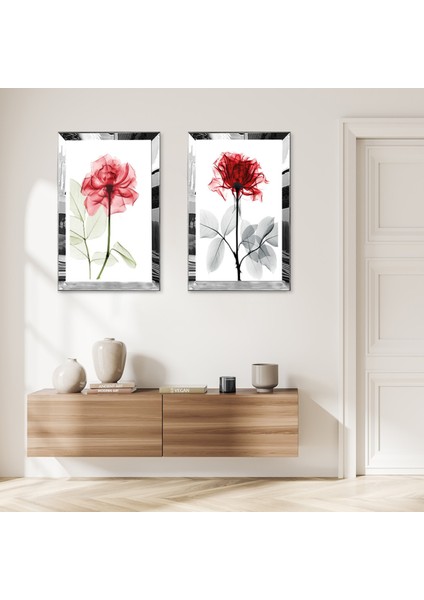 Gümüş Aynalı Pleksi Çerçeveli Beyaz Arka Planlı Kırmızı ve Pembe Güller Ikili Mdf Tablo Seti