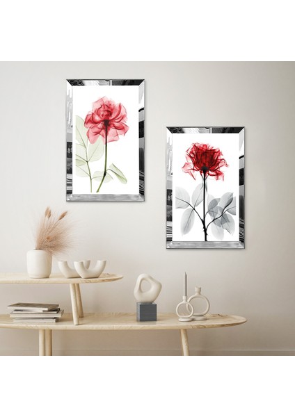 Gümüş Aynalı Pleksi Çerçeveli Beyaz Arka Planlı Kırmızı ve Pembe Güller Ikili Mdf Tablo Seti fiyatları